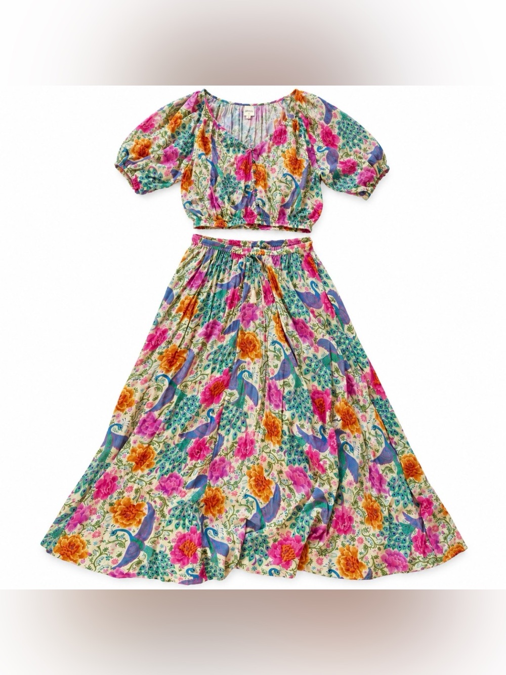 SPELL Bohème Spring Peacock Floral Crop Top Maxi Skirt Set M - Picture 3 of 5